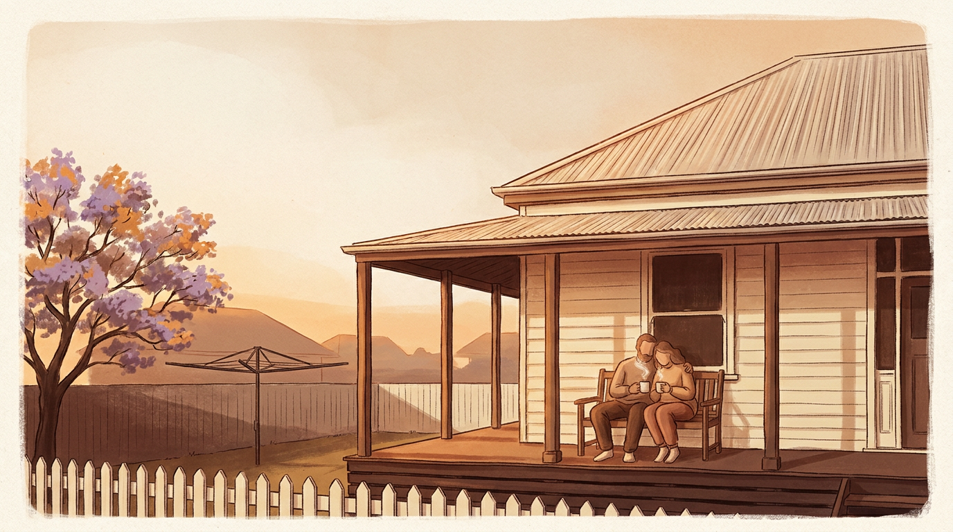 Warm illustration of an Australian suburban street at golden hour — a weatherboard cottage with a jacaranda tree, picket fence, and Hills hoist clothesline